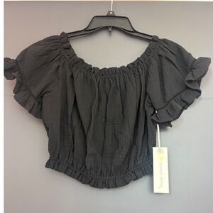 Ocean Drive Womens Black Cotton Gauze Off Shoulder Ruffle Crop Top B10470 M NEW